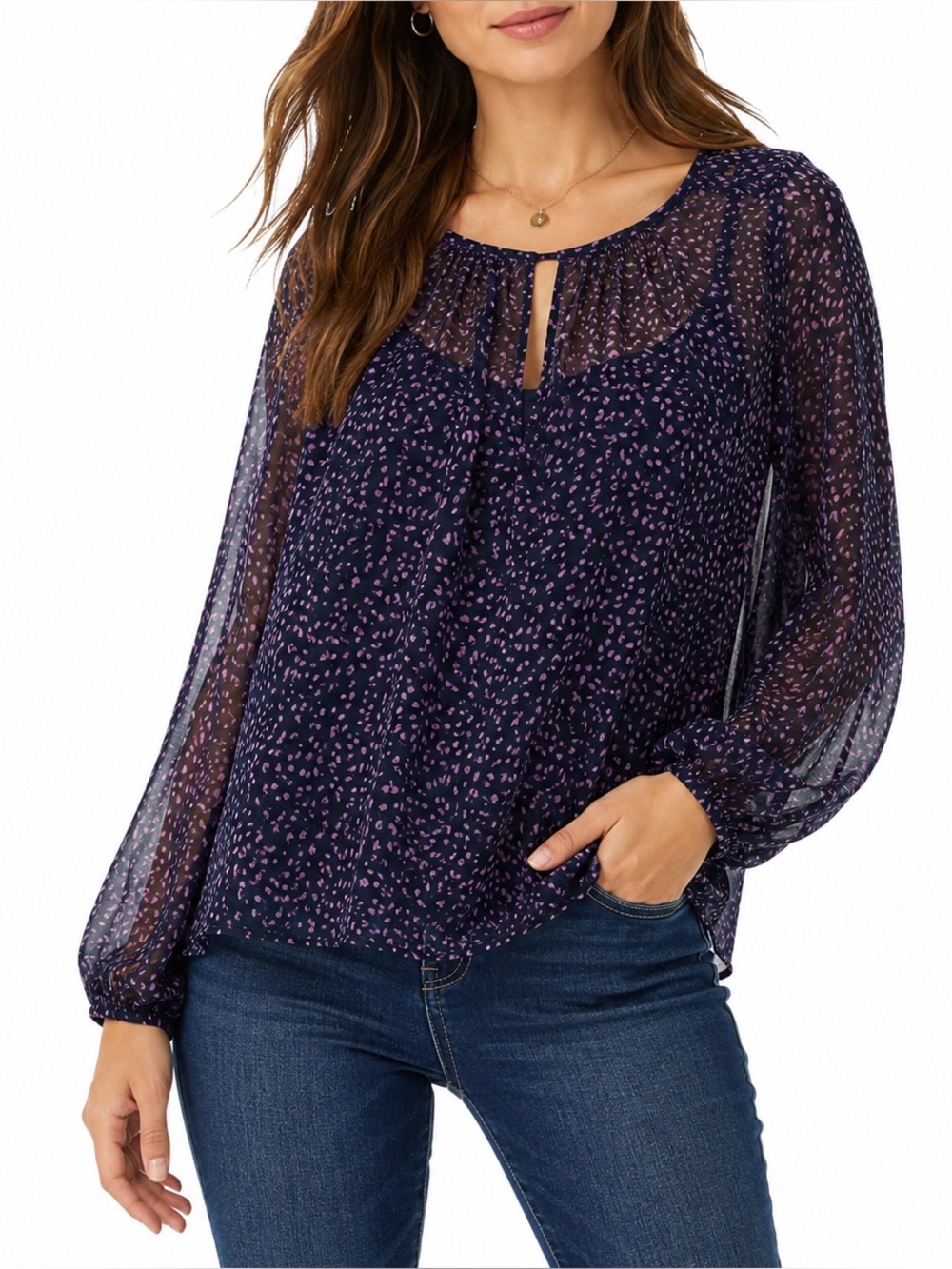 Liz Claiborne Navy Blue Printed Sheer Overlay Blouse Keyhole Neck Long Sleeve M